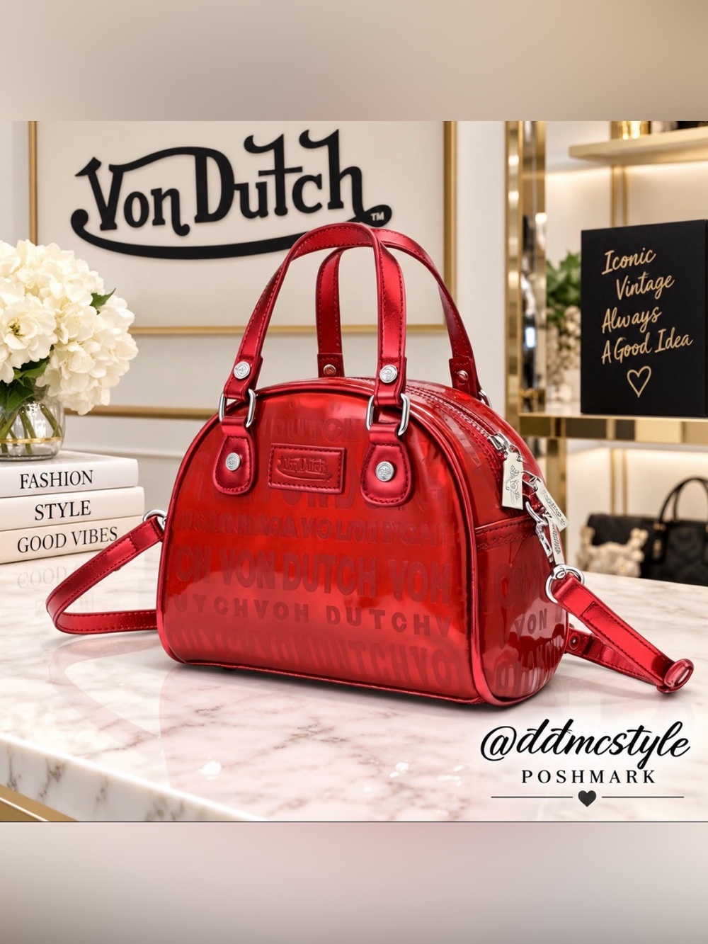 Von Dutch Red Metallic Dome Crossbody Satchel Y2K
